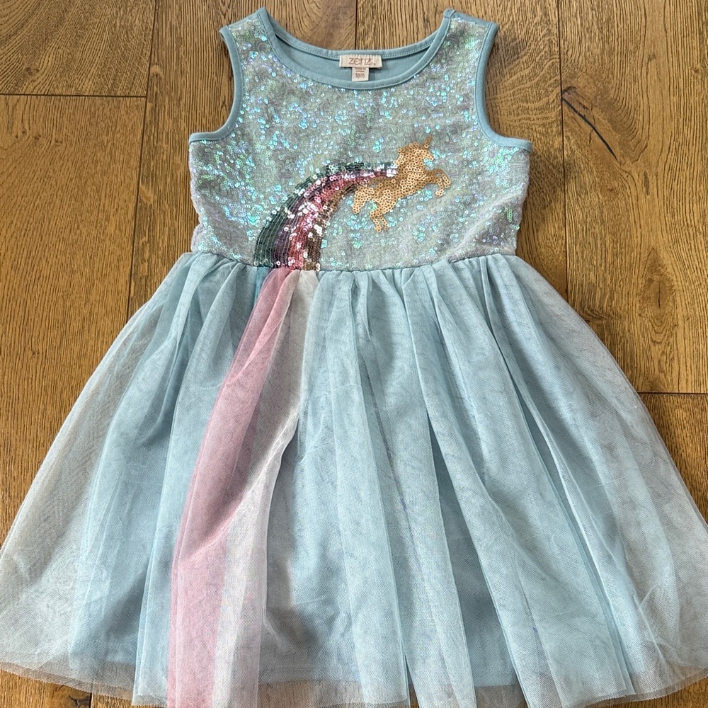 Light Blue Sequin Unicorn Rainbow Tulle Dress